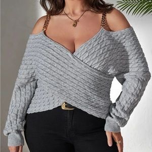 Chain detail cold shoulder wrap sweater